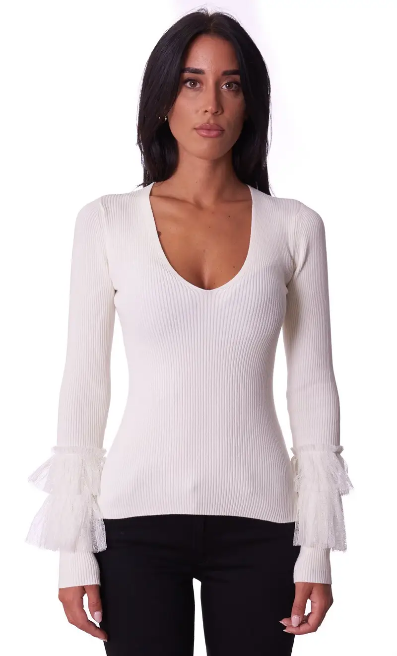 Maglia a costine twinset con tulle, colore bianco