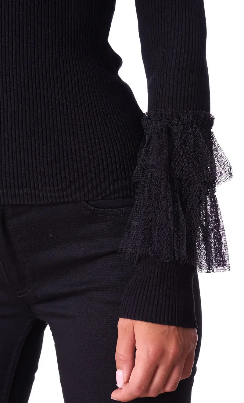 Maglia a costine twinset con tulle, colore nero miniatura 2