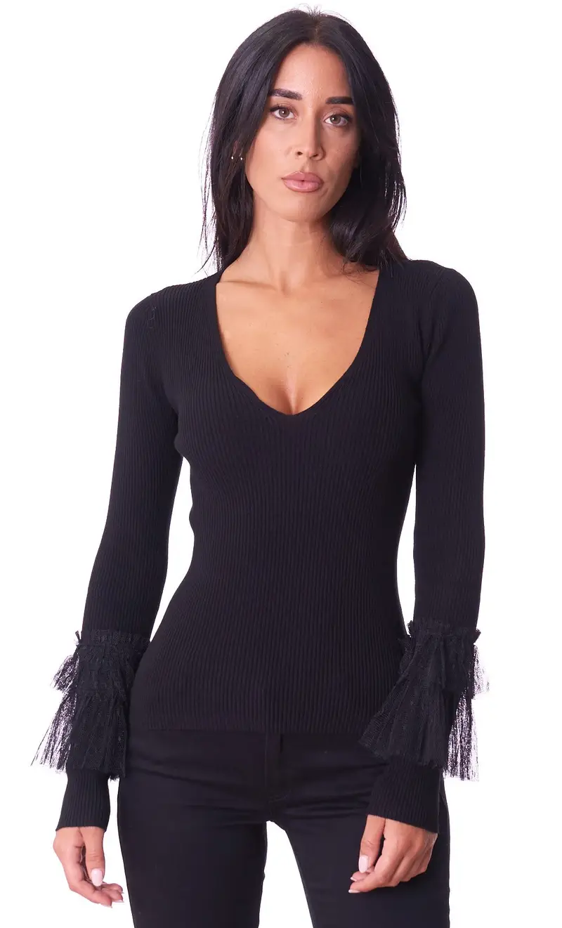 Maglia a costine twinset con tulle, colore nero