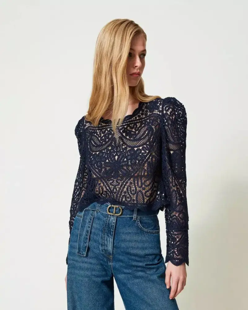 Maglia crochet effetto pizzo blu miniatura 3