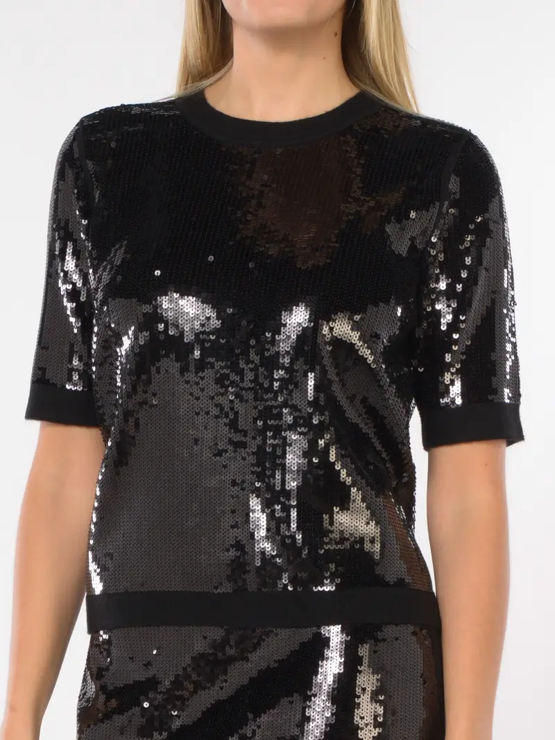 maglia da donna Twinset full paillettes a maniche corte NERO