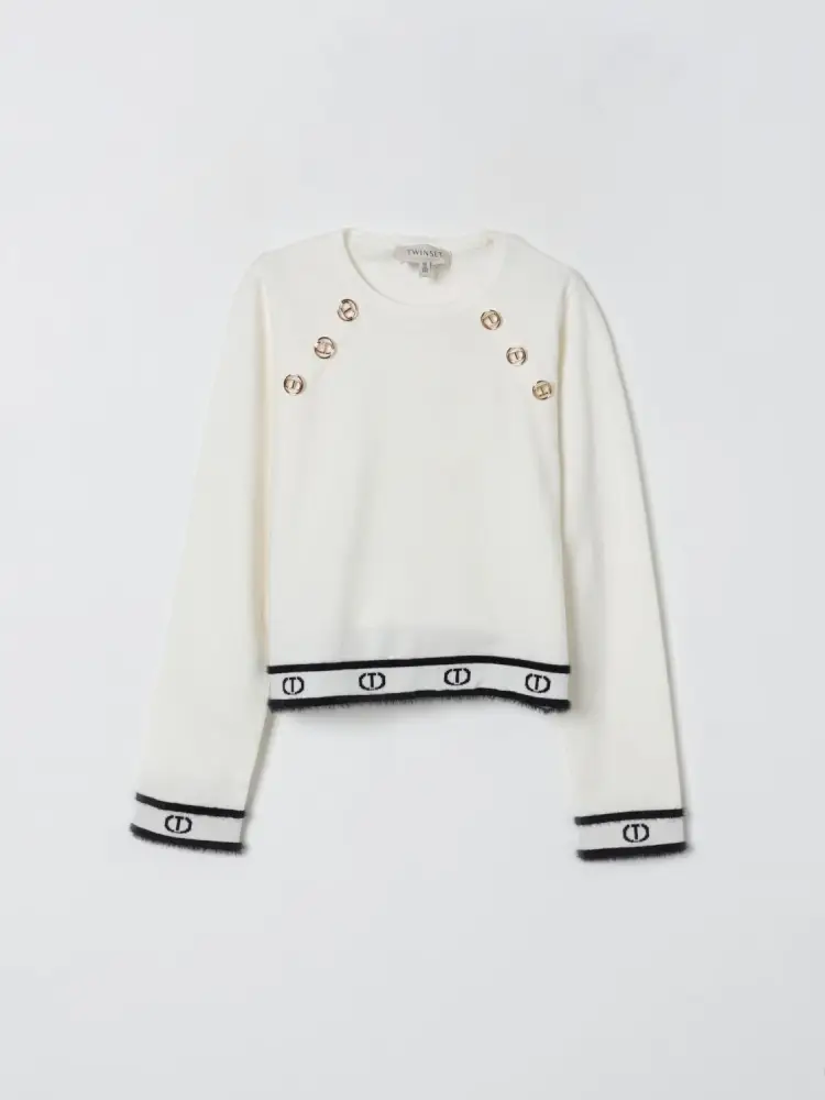 maglia junior in misto lana panna con logo sul fondo e sui polsini e bottoni logati