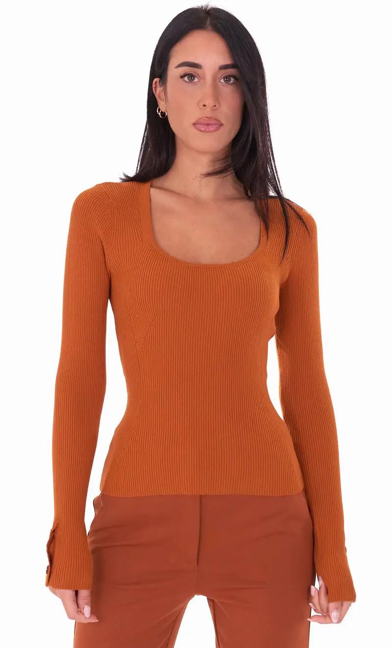 Maglia twinset a coste, colore cammello