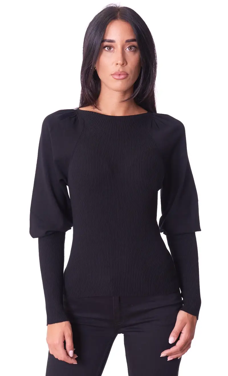 Maglia twinset a coste con maniche arricciate, colore nero