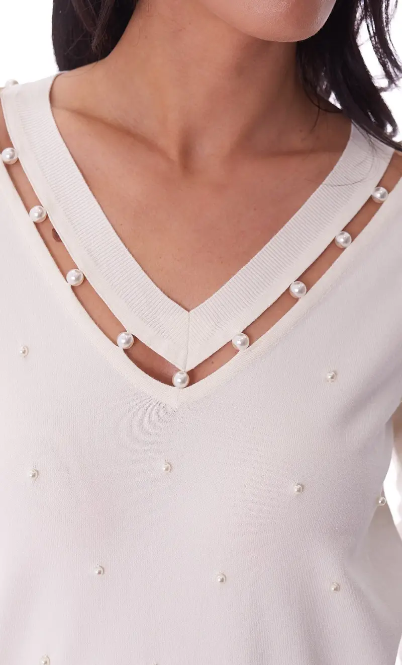 Maglia twinset con perle bianca, colore bianco miniatura 2