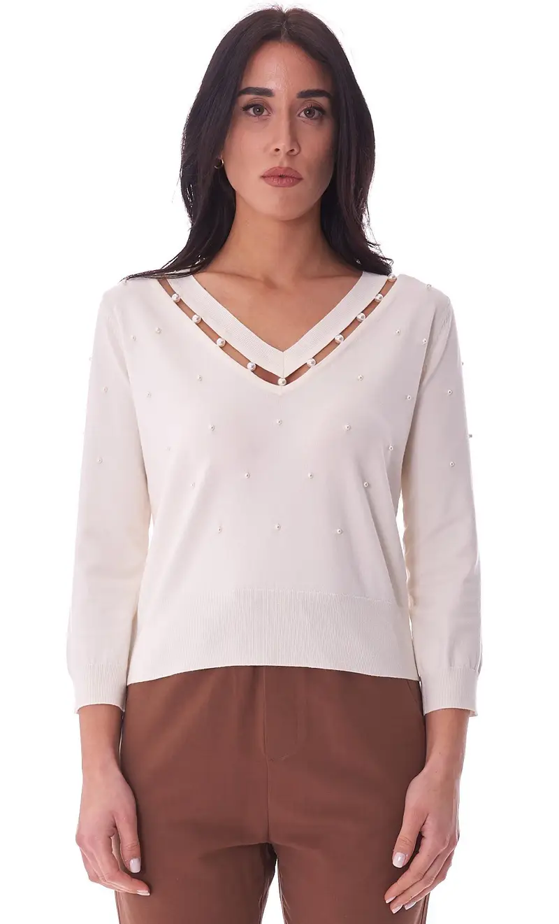 Maglia twinset con perle bianca, colore bianco