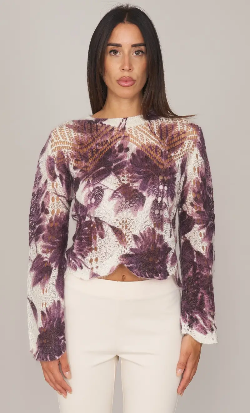 Maglia twinset floreale in mohair, colore bordeaux