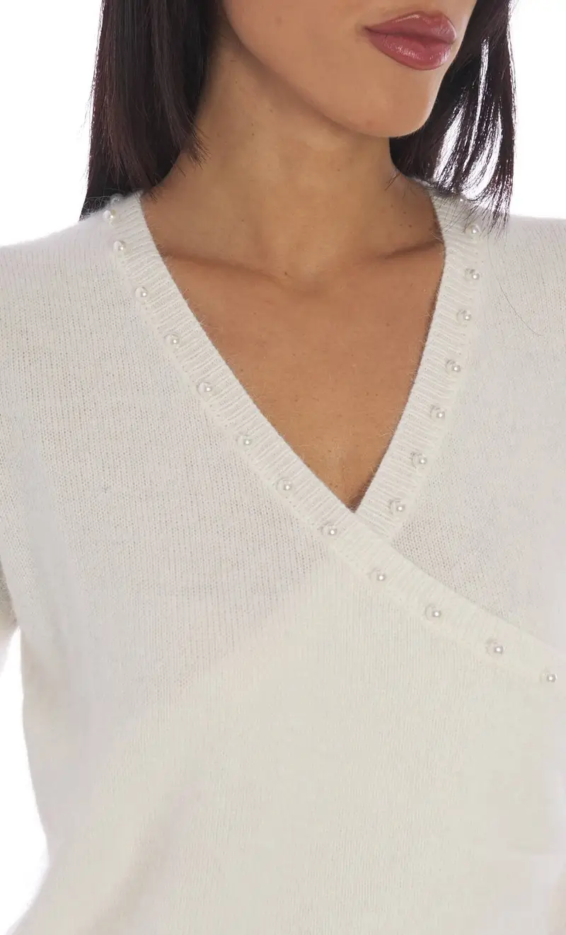 Maglia twinset incrociata con perle bianca, colore bianco miniatura 2