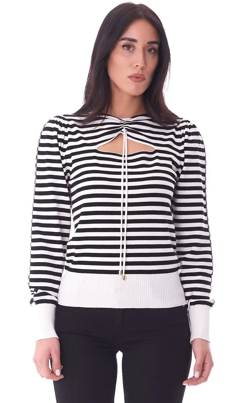 Maglia twinset rigata con arriccio, colore bianco