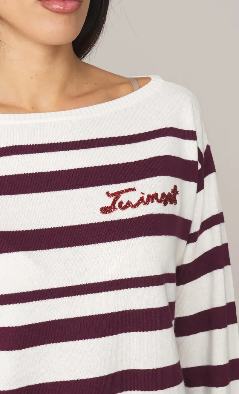 Maglia twinset rigata con scollo a barca, colore bordeaux miniatura 2