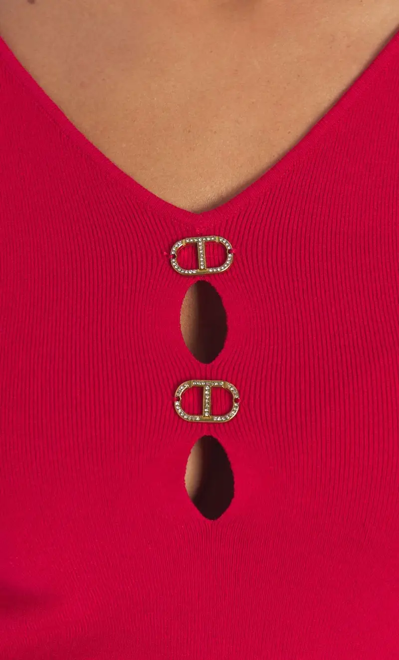 Maglia twinset scollo a punta con aperture a goccia, colore rosso miniatura 2