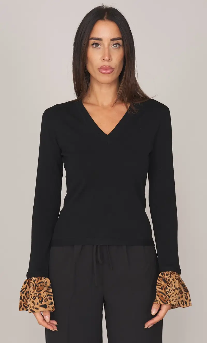 Maglia twinset scollo a v con polsi animalier, colore nero