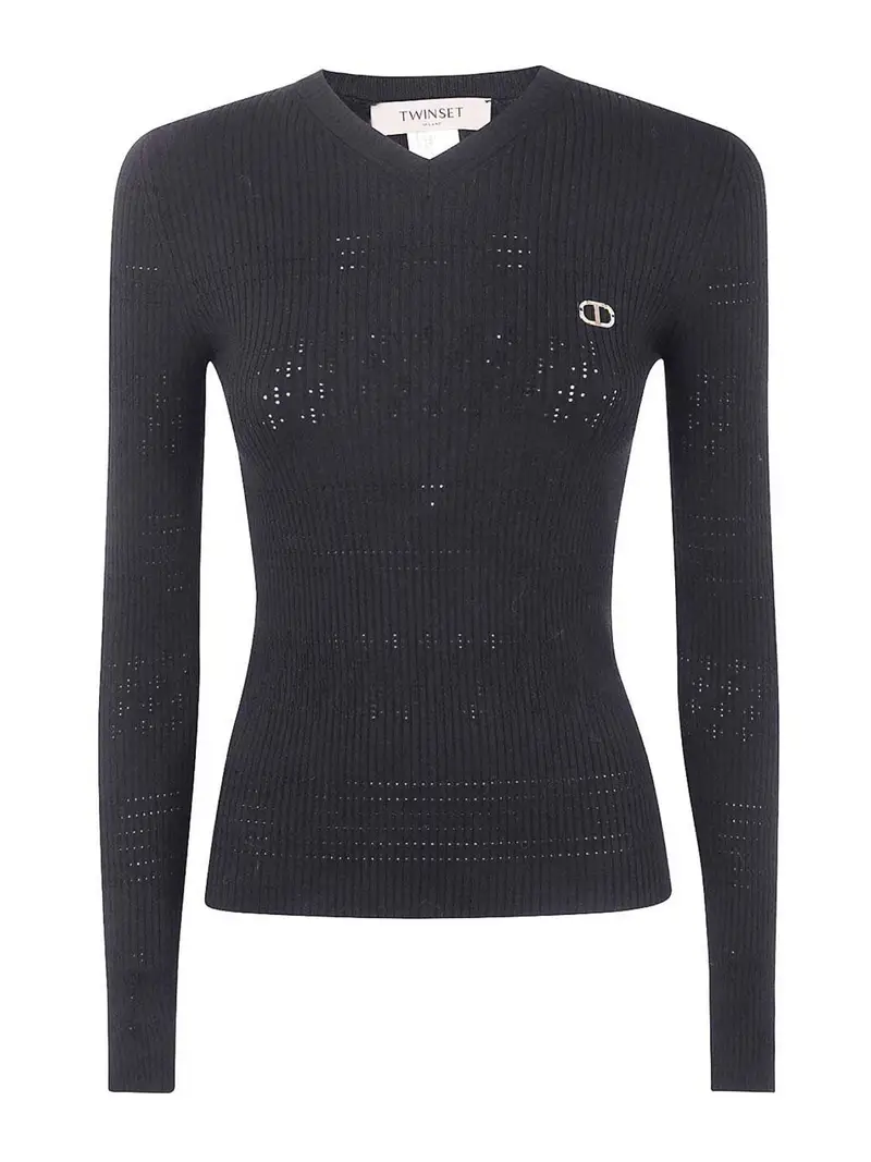Maglione A Coste Con Scollo A V Nero