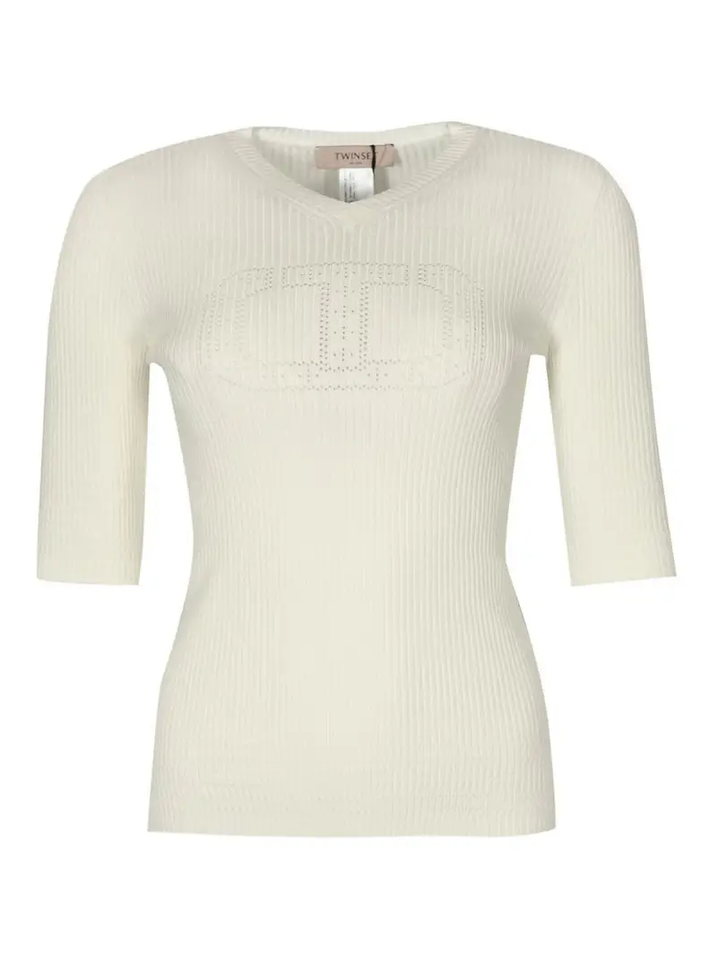 Maglione a costola con logo ovale Crema