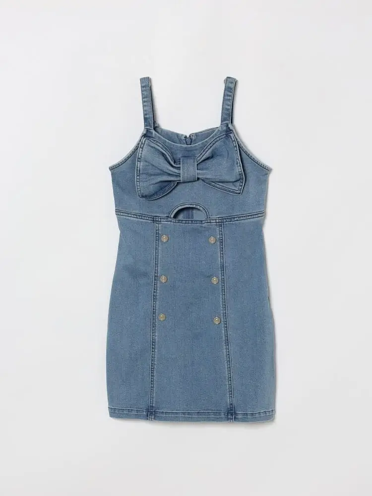 mini abito tubino kids/junior in denim blu medio con fiocco