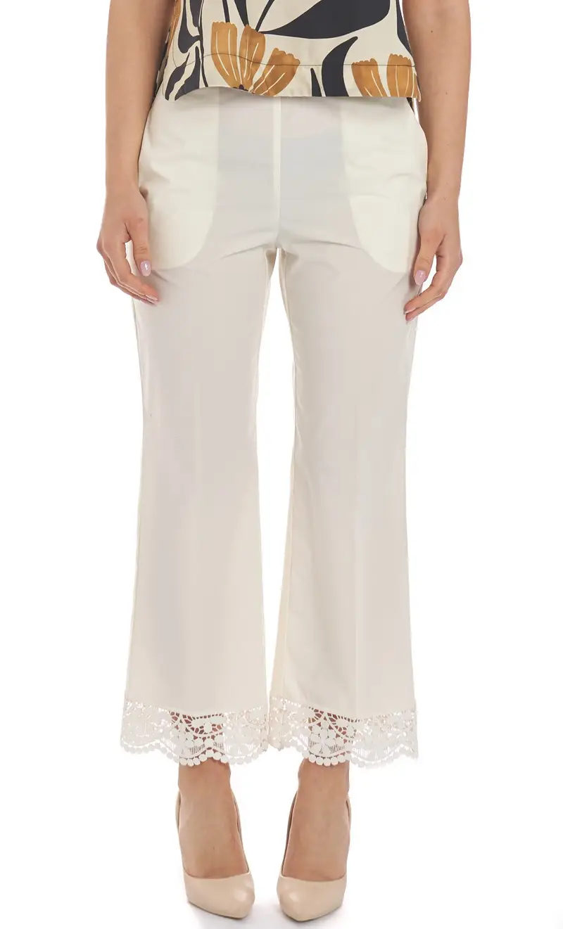 Pantalone twinset cropped con bordo in pizzo, colore bianco