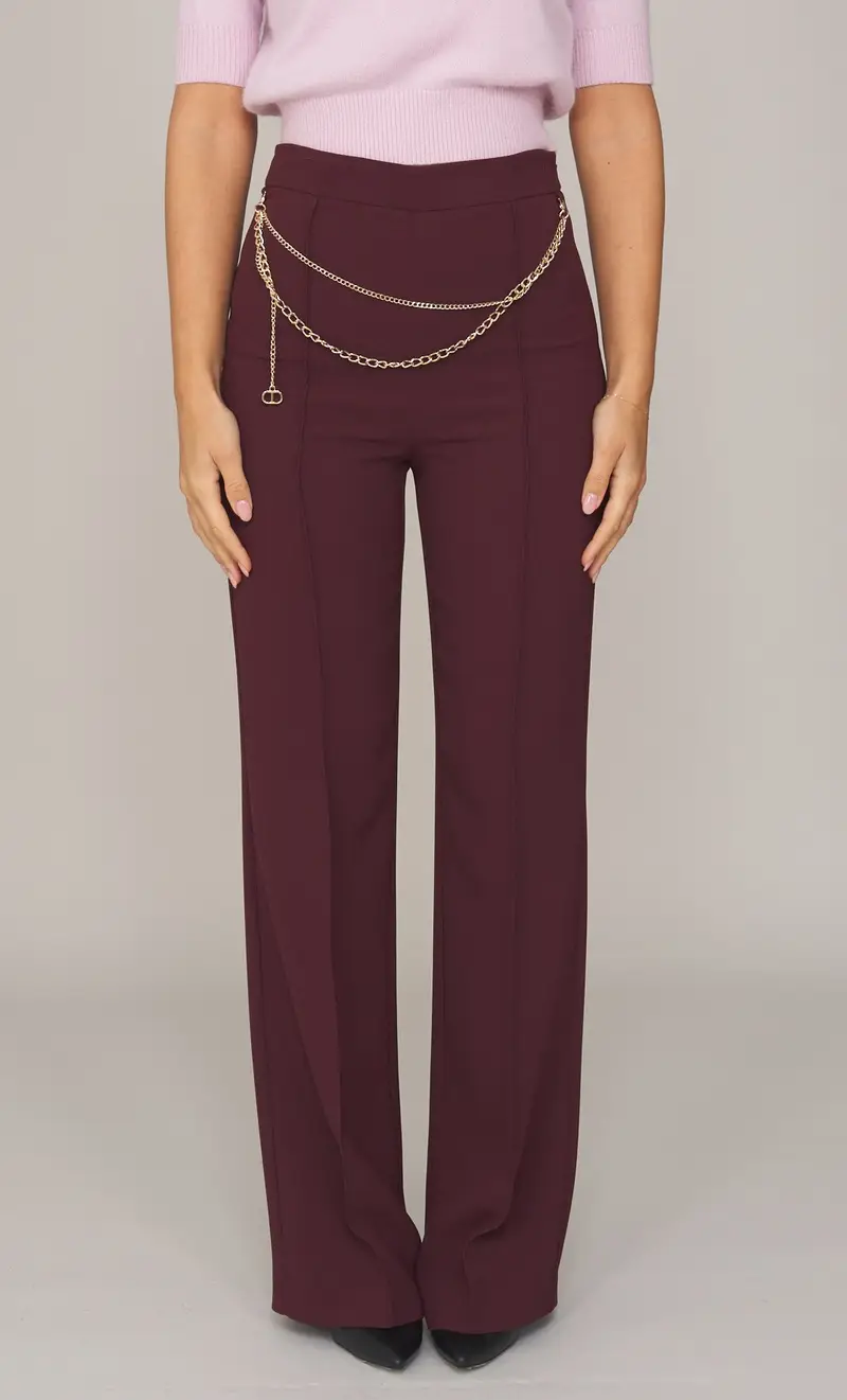 Pantalone twinset palazzo con cintura in catena, colore bordeaux