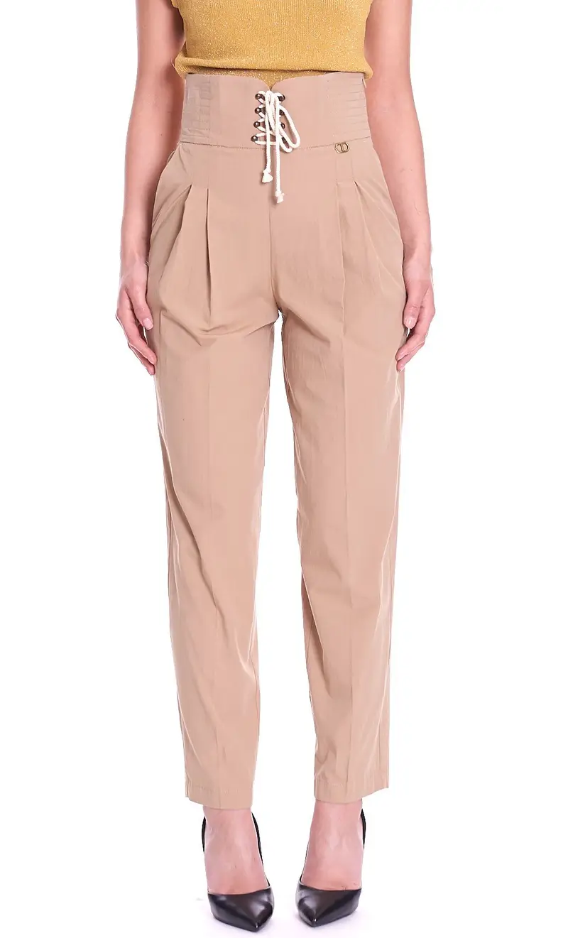 Pantalone twinset vita alta con pinces, colore sabbia