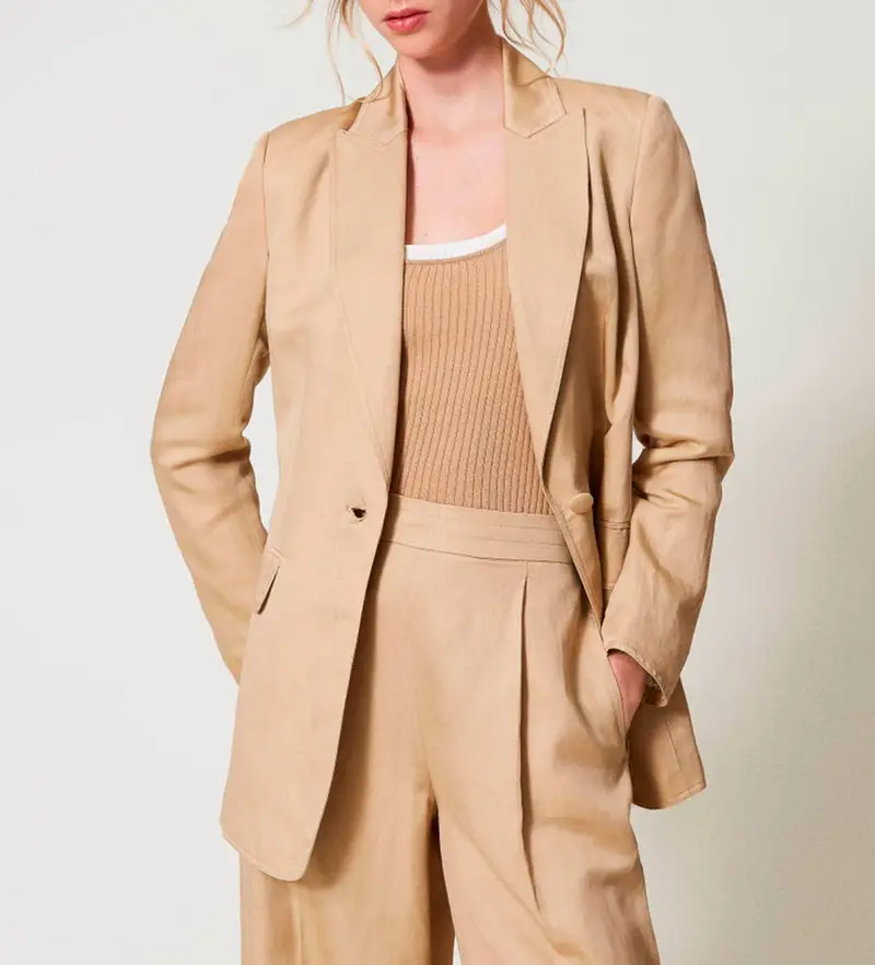 per donna 251TE2140 Giacca monopetto in misto lino beige (44), Casual, Manica lunga, Lyocell