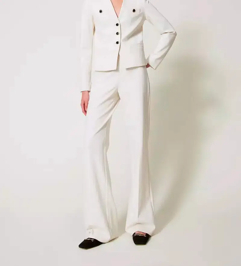 per donna 251TP2132 Pantaloni a gamba larga con bottoni gioiello in bianco (42), Casual, Poliamide Nero