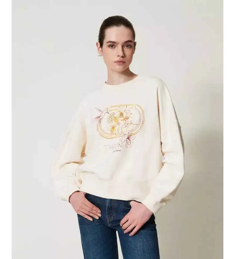 per donna 251TP2484 Felpa beige con stampa colibrì (M), Casual, Cotone