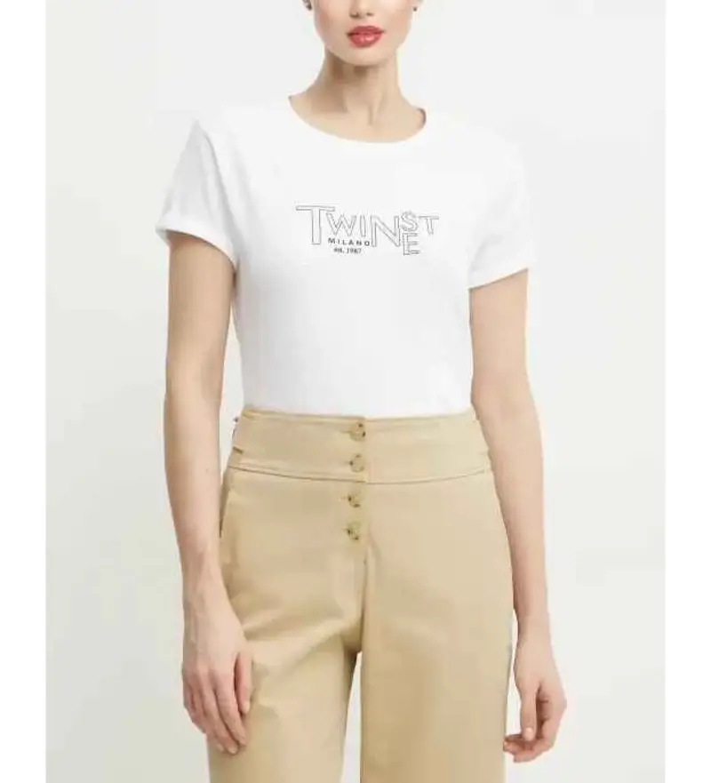 per donna 251TP2540 Maglietta con logo bianco (XS), Casual, Cotone, Manica corta