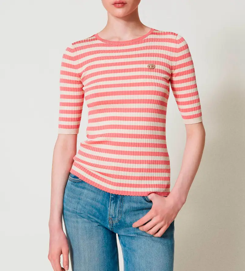 per donna. 251TP3470 Maglia a righe con maniche corte rosa, beige (S), Casual, Viscosa, Manica corta