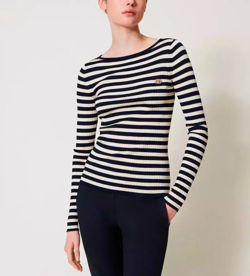 per donna 251TP3471 Maglione a righe nero a maniche lunghe (S), Casual, Viscosa