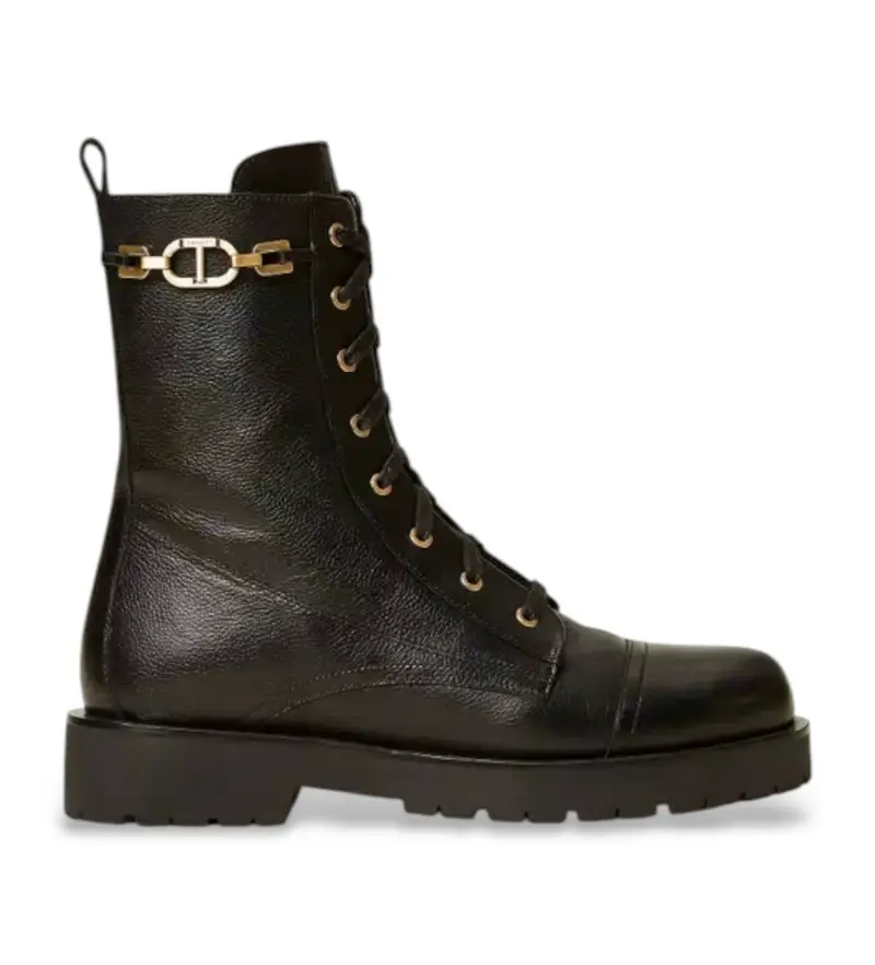 per donna. 252TCP150 Stivaletti in pelle con catena e T ovale nera (36), Nero, Basso, Cerniera, Casual