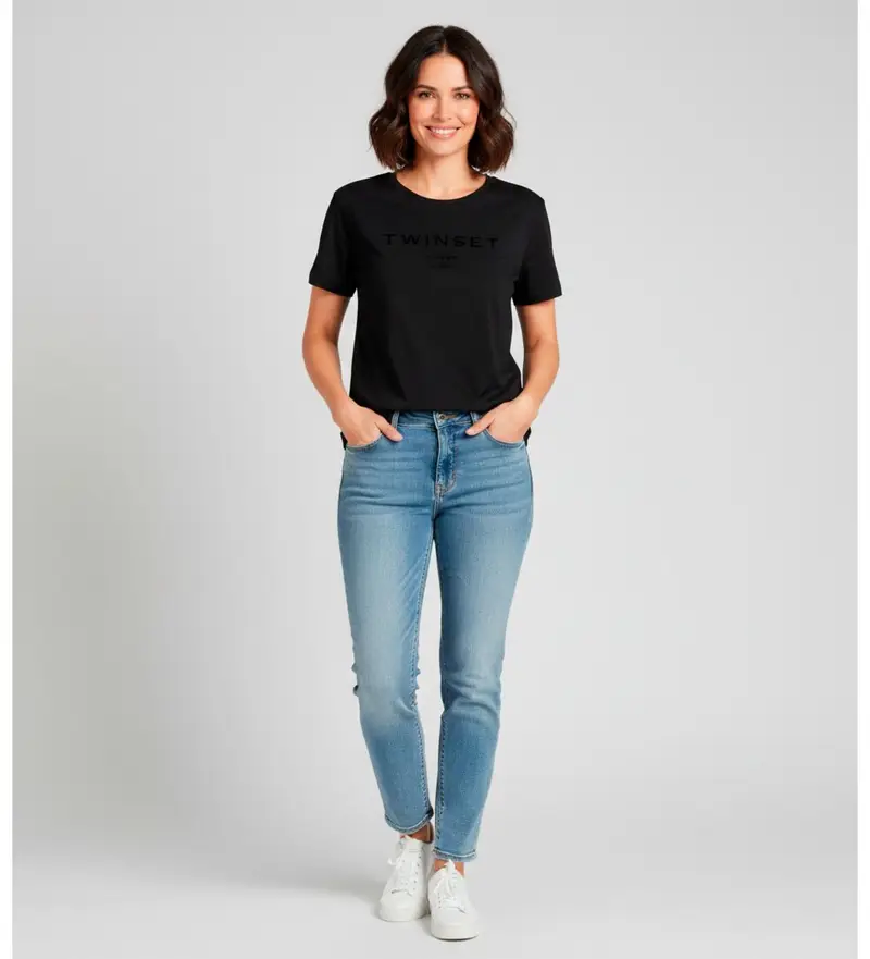 per donna. 252TP2050 Maglietta con logo nero (XS), Casual, Cotone, Manica corta