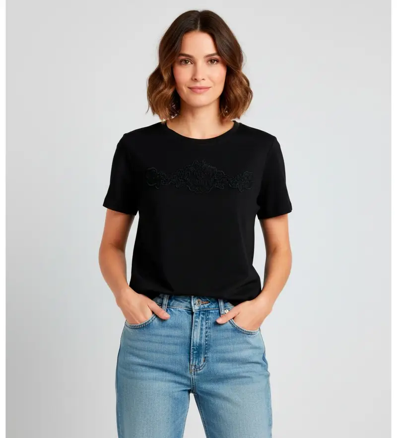 per donna 252TP2052 Maglietta floreale nera ricamata (S), Nero, Casual, Cotone, Manica corta