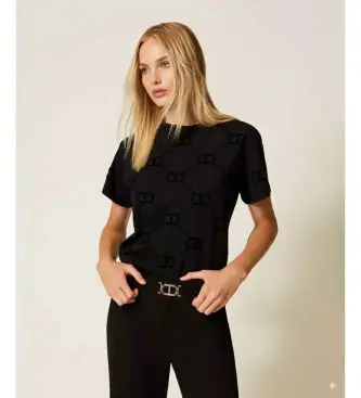 per donna 252TP2055 T-shirt ovale nera con stampa floccata (M), Nero, Casual, Cotone, Manica corta