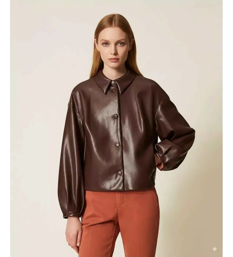 per donna 252TP2090 Giacca in similpelle marrone con colletto a camicia (42), Casual, Poliestere
