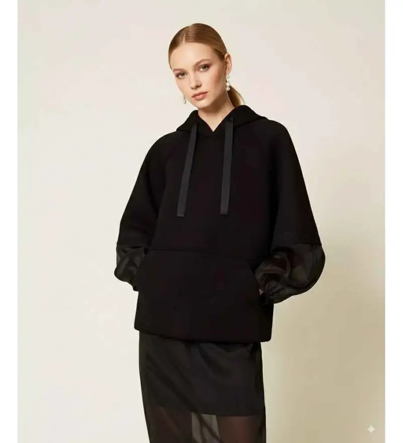 per donna. 252TP2194 Felpa in tessuto scuba nero e organza (40), Casual, Viscosa