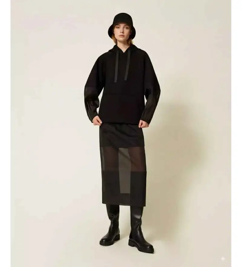 per donna. 252TP2212 Gonna midi in organza nera (40), Nero, Casual, Poliestere