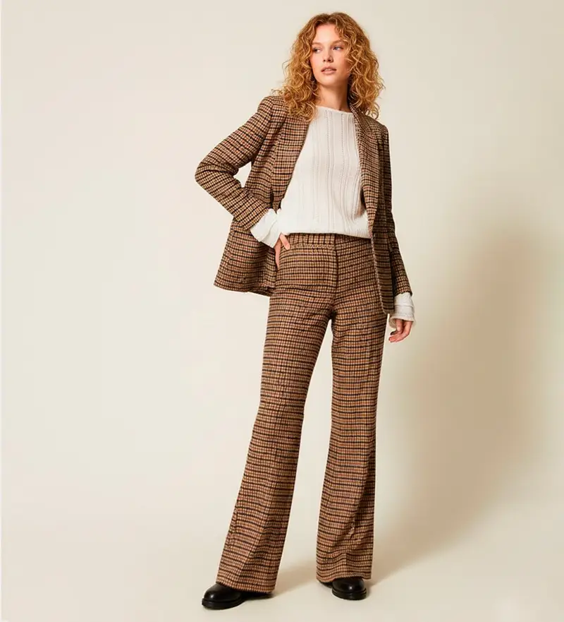 per donna 252TT2421 Pantaloni in misto lana a quadri marroni (40), Marrone, Casual Oro