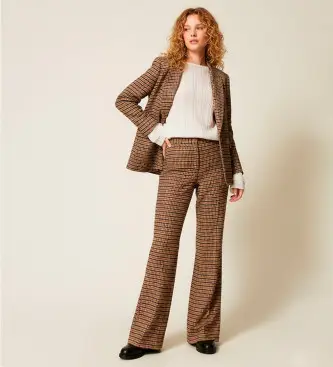 per donna 252TT2421 Pantaloni in misto lana a quadri marroni (42), Marrone, Casual Oro