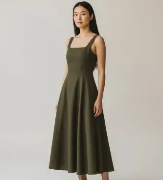 per donna 261TF2021 Abito midi verde con spalline (42), Casual, Lino, Senza maniche / cinghie