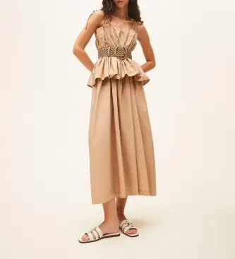 per donna 261TF2030 Abito in popeline beige con volant (38), Casual, Da sera, Cotone, Senza maniche / cinghie