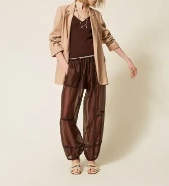 per donna 261TF2041 Pantaloni jogger in chiffon marrone con pizzo (38), Casual, Lyocell