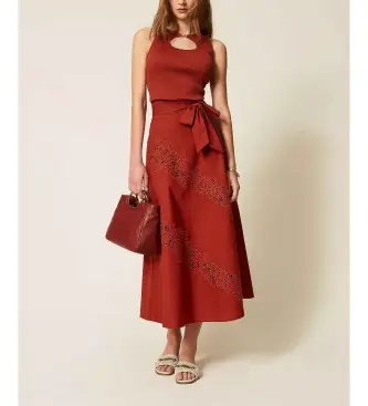 per donna 261TT2030 Gonna lunga in popeline con ricami inglesi marroni (40), Marrone, Casual, Cotone