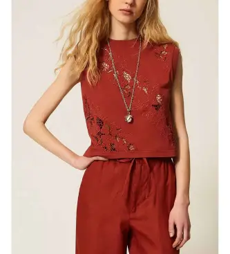 per donna 261TT2050 T-shirt con ricamo svizzero rossastro (S), Rosso, Casual, Cotone Marrone