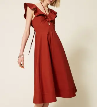 per donna 261TT2212 Abito midi in popeline rosso con volant (40), Casual, Cotone, Senza maniche / cinghie