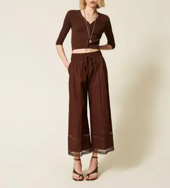 per donna 261TT2252 Pantaloni a gamba larga in popeline con ricamo marrone (40), Casual, Cotone