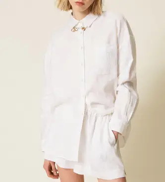 per donna 261TT2301 Camicia in lino con logo ricamato, bianca (40), Bianco, Casual, Manica lunga