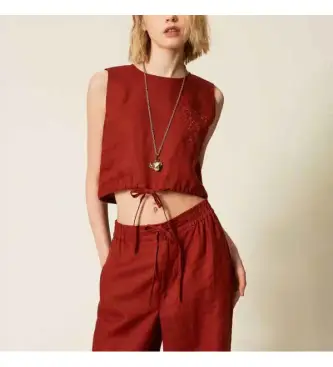 per donna 261TT2303 Top in lino con logo bordeaux ricamato (40), Casual, Granata, Senza maniche / cinghie