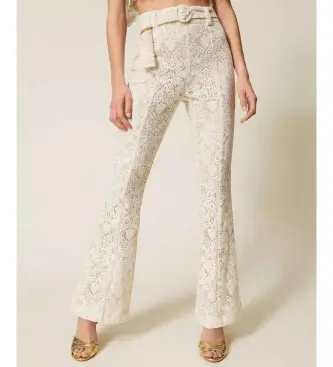 per donna 261TT2314 Pantaloni svasati in pizzo con cintura beige (40), Casual, Cotone