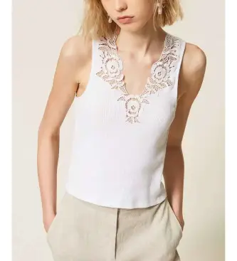 per donna 261TT2360 Top a coste con pizzo bianco (S), Casual, Cotone, Senza maniche / cinghie