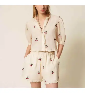 per donna 261TT2420 Camicia corta in ramia con ricamo di ciliegie beige (40), Casual, Rayon, Manica corta Bianco