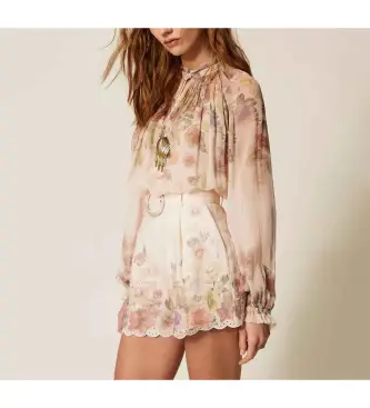 per donna 261TT2562 Blusa Co Top Sottoveste multicolor (40), Casual, Multicolore, Lino, Manica lunga Floreale